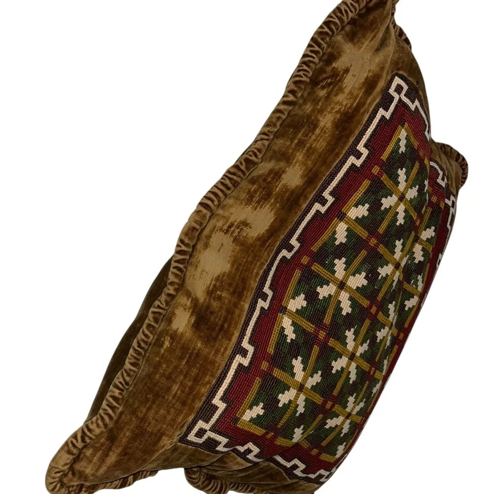 antique needlepoint earthy browns velvet backed pillow
